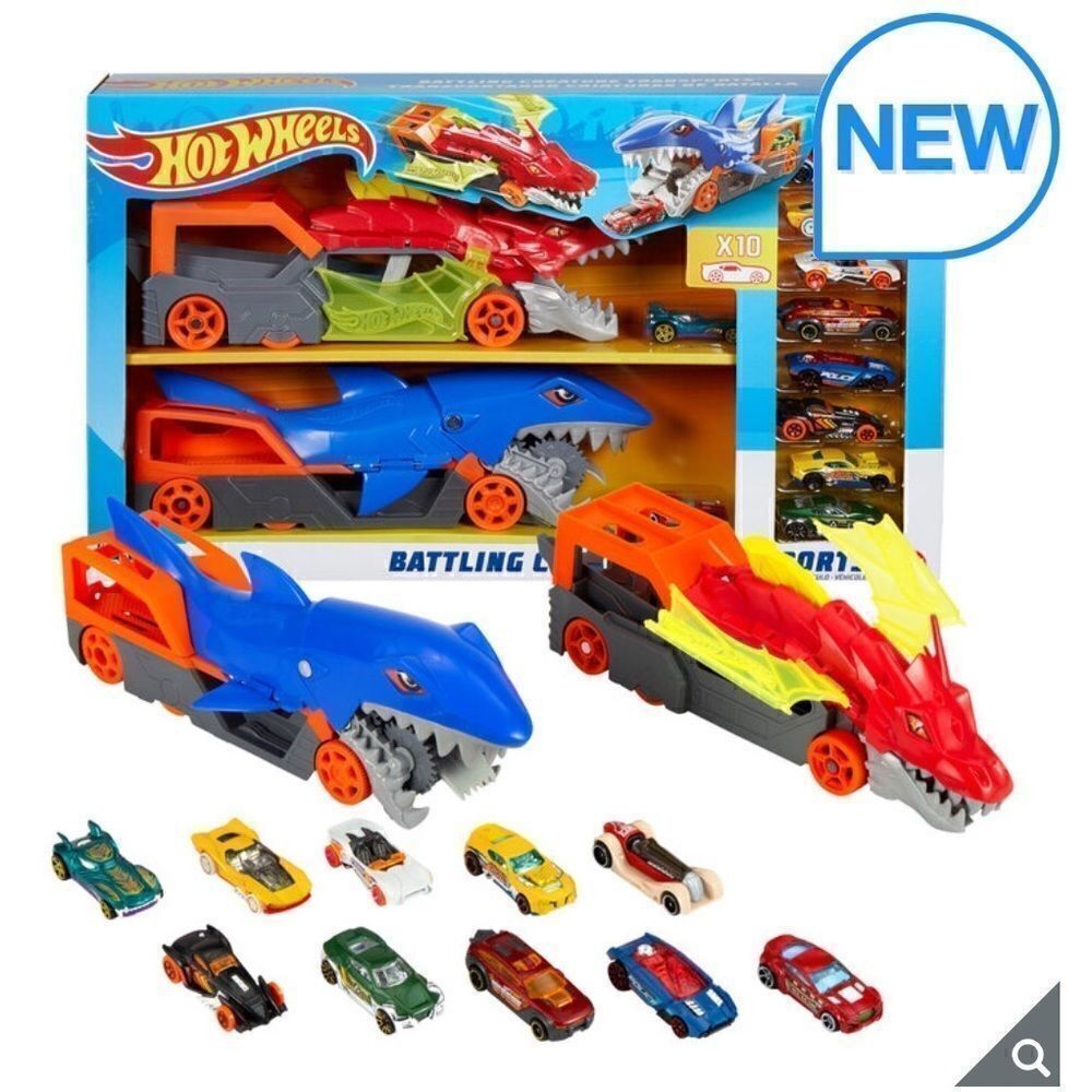 🔥 HOT WHEELS CITY 2 Battling Creatures Transporter Vehicle Set+10 Die Cast Cars